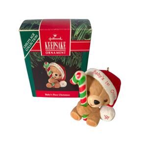 Hallmark Ornament 1991 Teddy Bear Vintage Candy Cane Christmas Keepsake